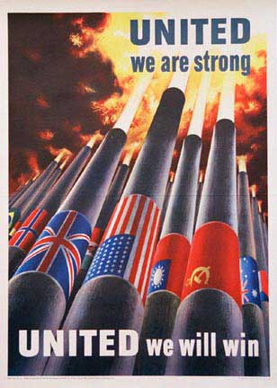 Big guns with flags around the cyliinders. Shooting guns, world war II oversize original poster, rare poster