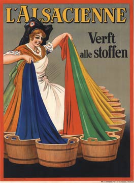 L'Alsacienne Verft alle stoffen. (The Alsacienne - Fabric Dye0 <br>Original. European Stone lithograph. Bright and colorful. This original poster was mastered by the artist Albert Dorfi. It features a woman in more turn of the century clothing sh