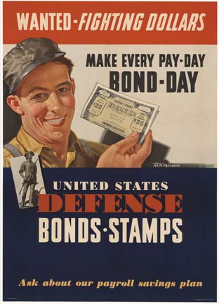 man holding a war bond, military poster, original, linen backed.