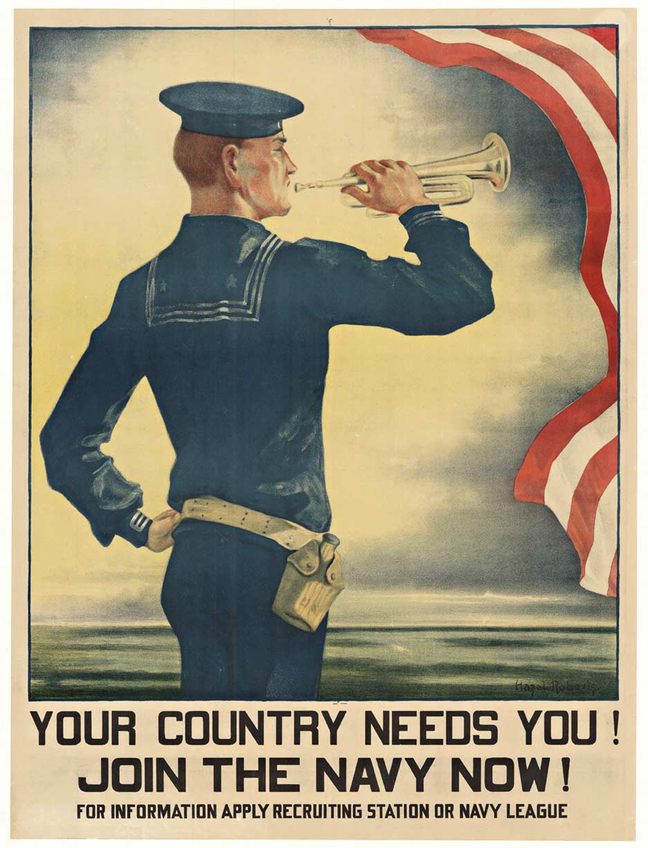 original WW1 poster, bugel, linen backed, flag, linen backed, soldier, trumpet, poster art