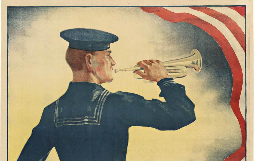 original WW1 poster, bugel, linen backed, flag, linen backed, soldier, trumpet, poster art
