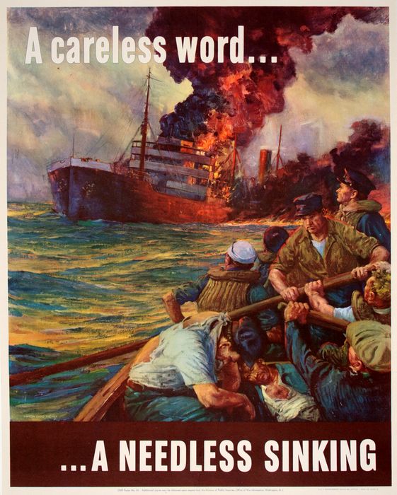 people rowing away from a bombed transport ship, WW2 original poster, sking ship