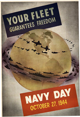 Original World War II poster: Your fleet : guarantees freedom : Navy Day : October 27, 1944 Shown with the airplanes and ships circling the globe protecting the world. Areas: Patriotism <br>Propaganda <br>United States. Navy <br>World War, 1939-1945.