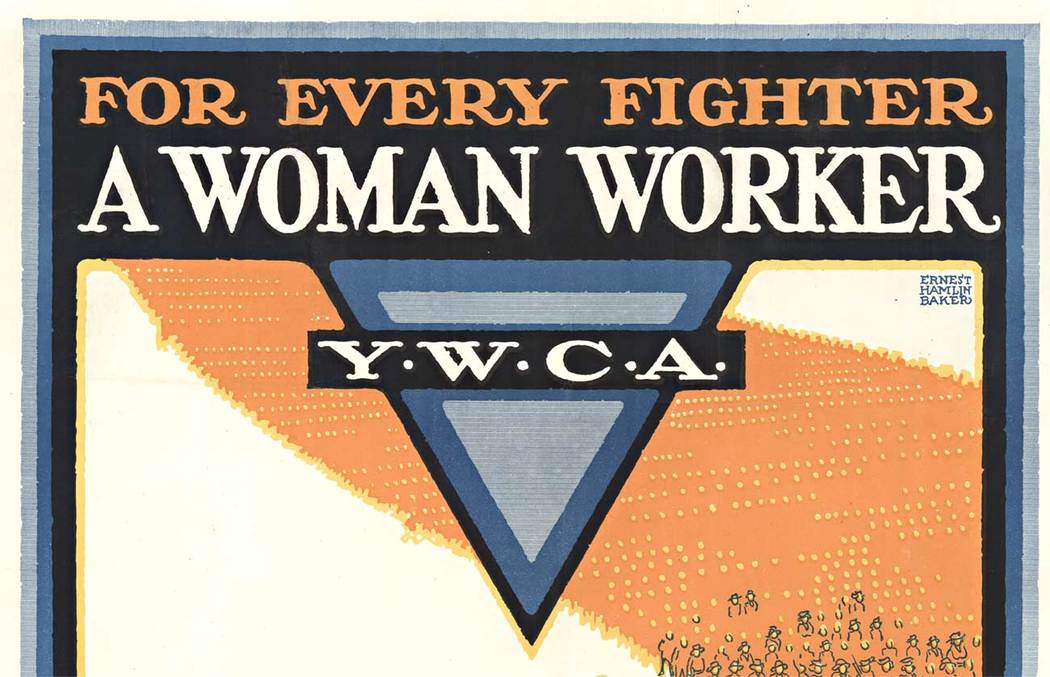  The woman worker marches forward with a bi-plane in one hand and an artillary shell in the other. A large blue V centers her image in the art. "Care for Her through the YWCA" For every fighter a woman worker. The YWCA had an enormous impact in ele