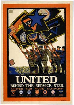 flags, soldiers, YMCA, Salvation Army, YWCA, Jewish Welfare Board, marching, linen backed, orignal WW1 poster
