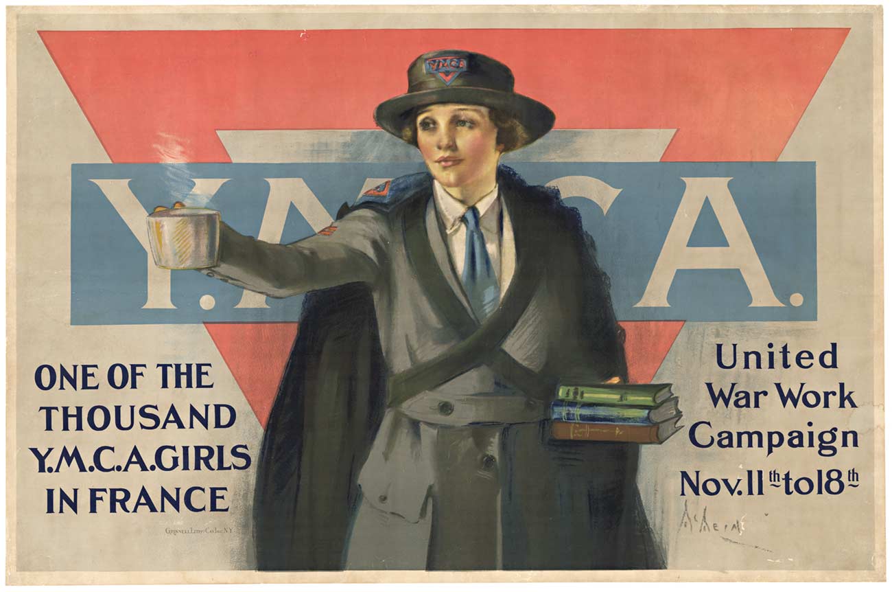 horizontal WW1 original poster, woman with a cup for money, books, WMCA, millitary poster.