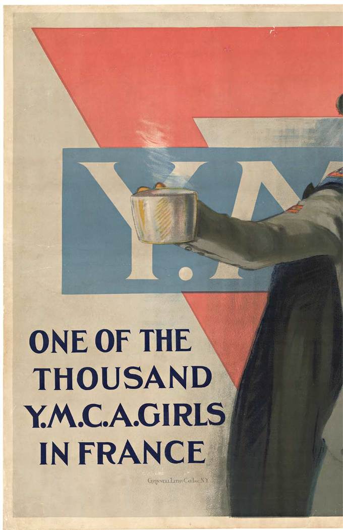 horizontal WW1 original poster, woman with a cup for money, books, WMCA, millitary poster.