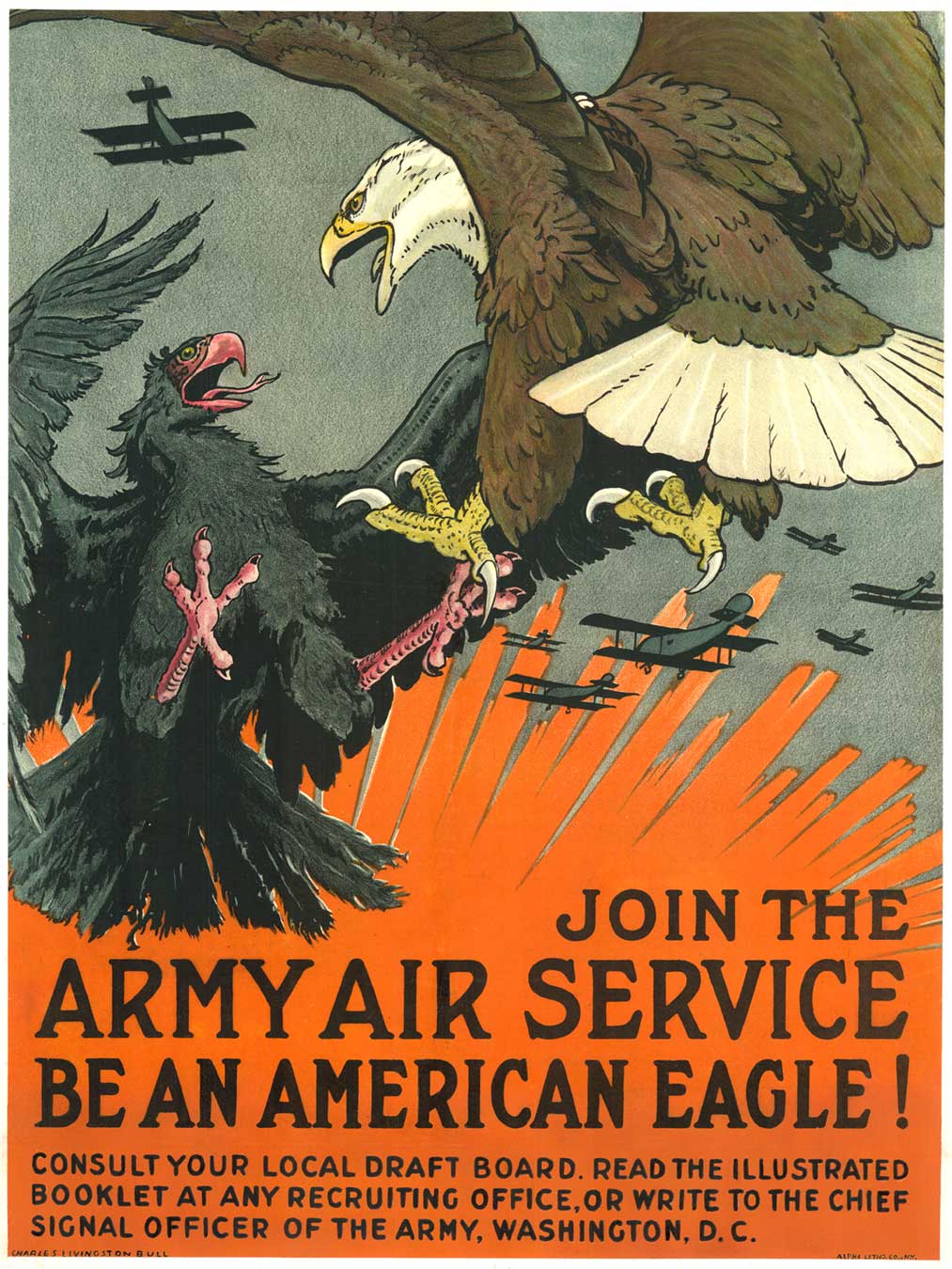 Original U. S military World War 1 poster: ARMY AIR SERVICE. <br>Linen backed in very good condition; ready to frame. <br>Artist: Charles Livingston Bull <br> <br>Extremely rare original World War 1 poster. Join the Army Air Service Be an American E