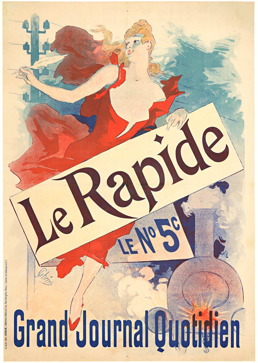 original poster, French newpaper poster from 1892, stone lithograph linen backed, fine condition. A woman is writing with a quill (the ink pen hasn’t been invented.
