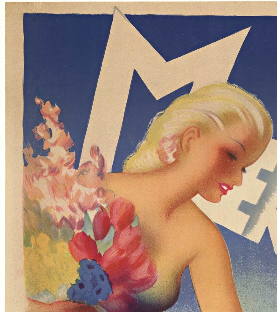 flowers, woman hold more flowers, waater coming out of the wording, rare poster, linen backed, fine condition.