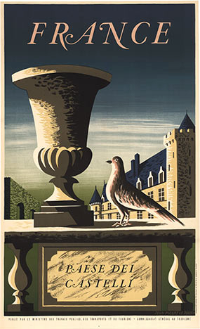 large vase, bird, chateau, French poster, linen backed, fine condition