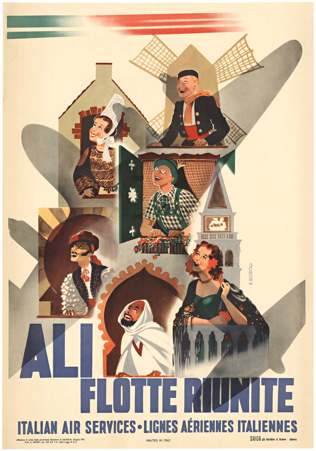 various scenes of people from different countries where ALI flew. Orignal poster, Italian, linen backed, defunct airlines, fine condition.