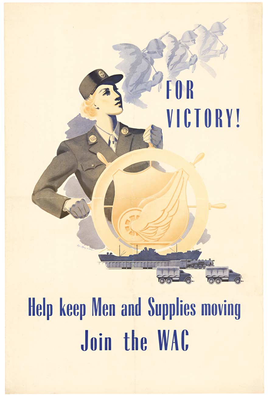 woman at the ship’s wheel, cargo ship, trucks, traiin, WAC, military poster, original linen backed