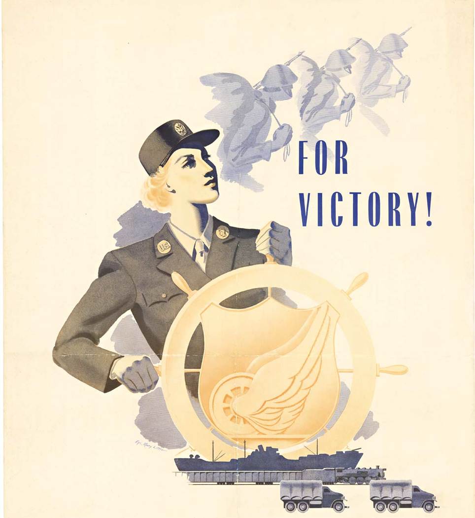 woman at the ship’s wheel, cargo ship, trucks, traiin, WAC, military poster, original linen backed