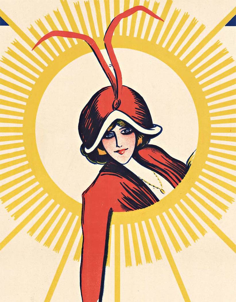 woman wearing a hat popping out of a circlle of sun. Linen backed, original poster, Spanish