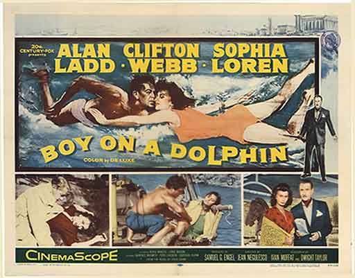A movie poster for Boy on a Dolphin. Starring Alan Ladd and Sophia Loren
