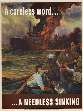 people in a life raft, WWII orignal poster, linen backed, ship sinking