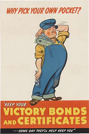 man in overalls, military poster, victory bonds, WWII original poster, linen backed.