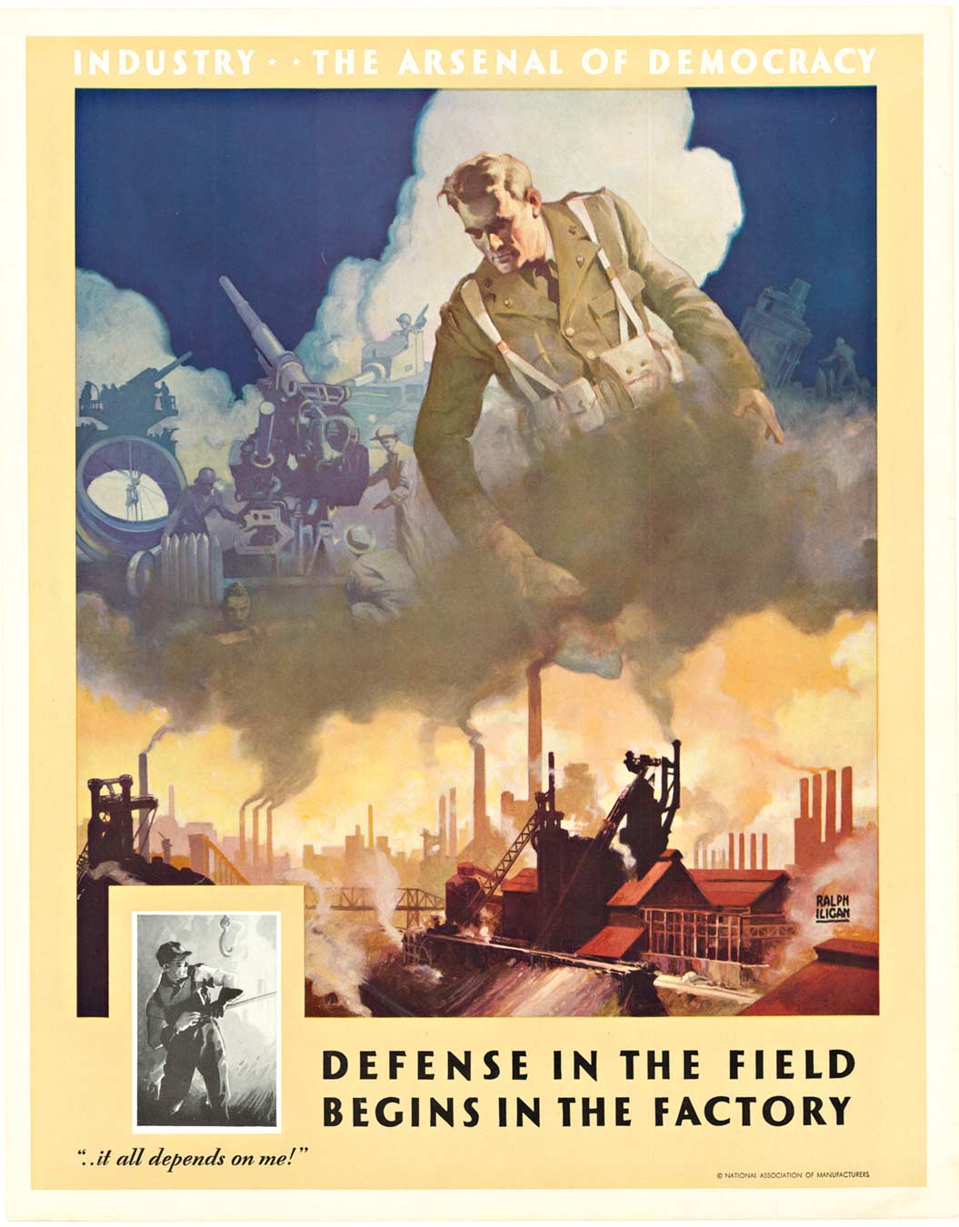 world war II poser, factories, soldiers, big guns, linen backed original