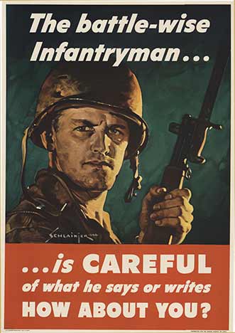 The Battle - Wise Infantry man <br>Schlaikjer doing his best to make sure all of americans know to keep quite and let your words be few when it comes to protecting our boys over seas from TOO MUCH TALK! Excellent condition war poster with vibrant colors. 