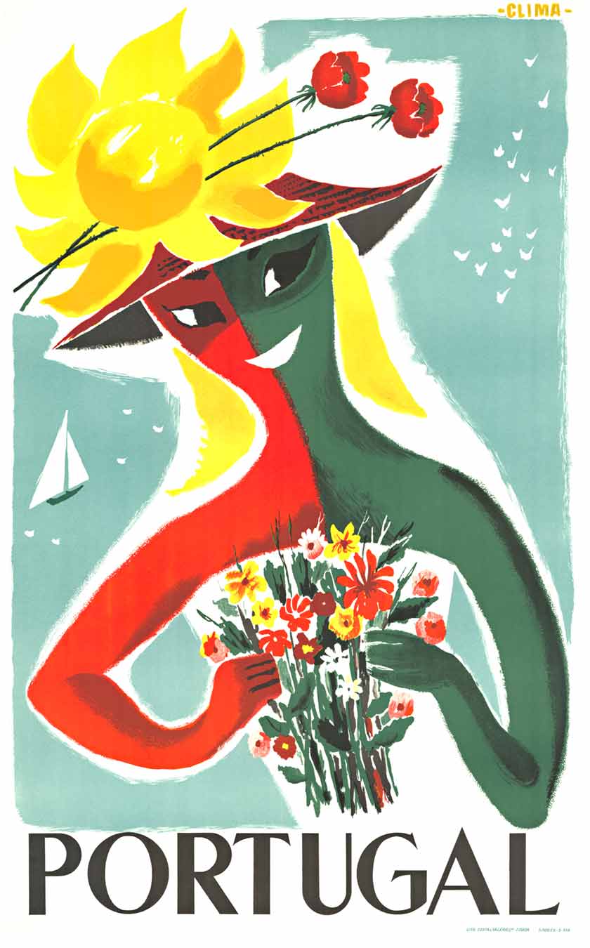 Original poster: Portugal. Printed by the Portugese Government for travel. Very fine condition. <br>Linen backed. Original. <br>With a hat of sun and flowers; this travel poster encourages you to visit the sun and beaches of Portugal. <br> <br>This 