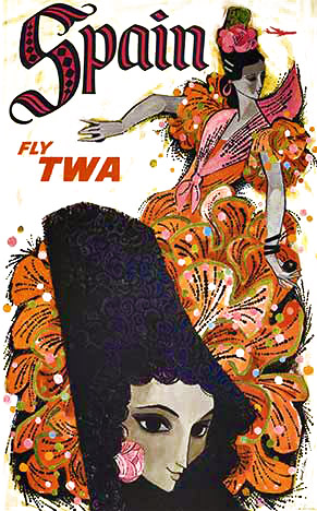 Spain Fly TWA (Flamenco dancers). Artist David Klein. Professional acid-free archival linen backed; ready to frame. <br> <br>Excellent condition withVibrant colors. Klein using the traditional flamenco dancers for his advertisment for Spain. Very attra