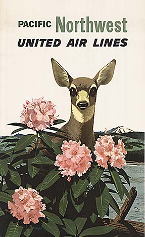 deer with flowers in foreground and foilage. Mountains in background. United Air Lines original poster, linen backed, fine conditoin
