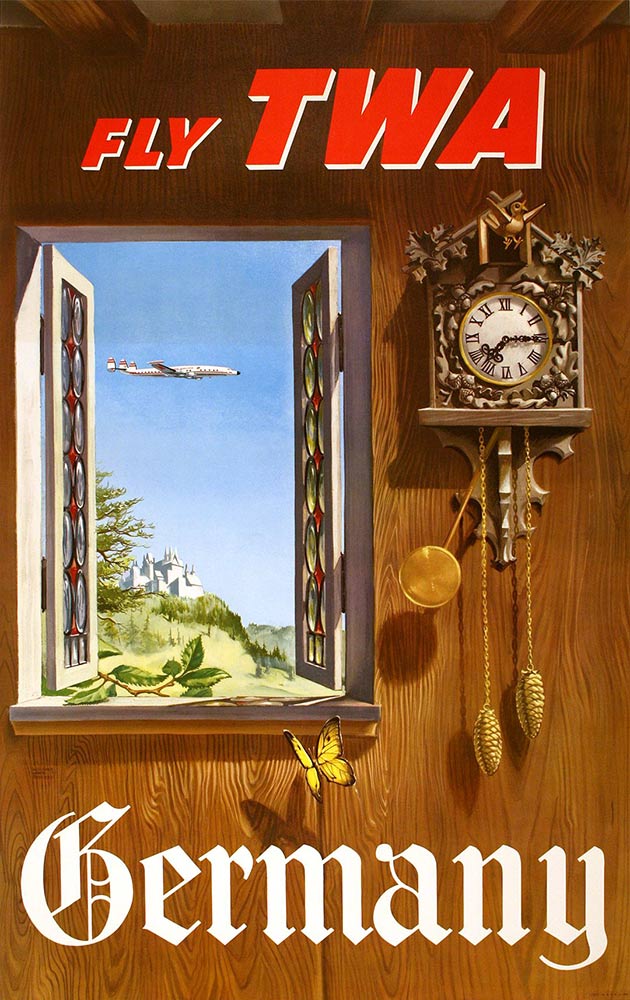 Original, linen backed, Fly TWA to Germany vintage travel poster. This is the large format size. Through the window you can see the TWA Constellation cuckoo clock, butterfly, and a castle on the hill on the in the window view. Fly to Germany in a 