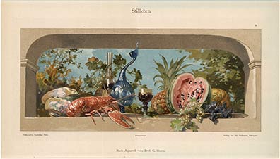 A still of a feast including lobster and fruit.
