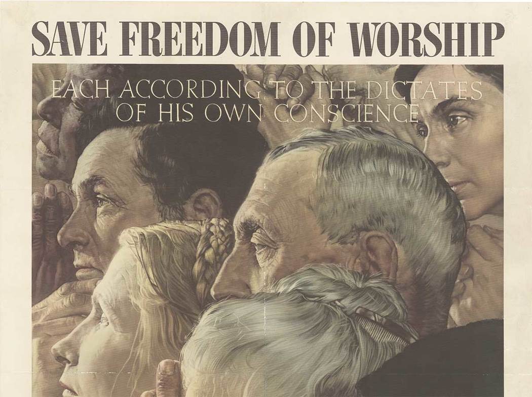 Original poster: Freedom of Worship (S) Artist: Normal Rockwell. Archival linen backed. Original fold marks touched up at the time of backing. <br> <br>Reference: American Style p.132, Posters for Victory p. 40ff, Design for Victory p.37, War Pos