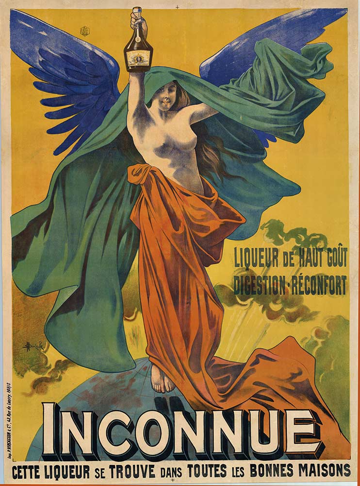 Framed, original French poster. Extremely rare and rarely if ever seen image from the artist Auzolle. The poster is art nouveau belle époque in the time frame of the late 1890's. Risqué as a topless lady with wings holds a bottle of the very old liquo