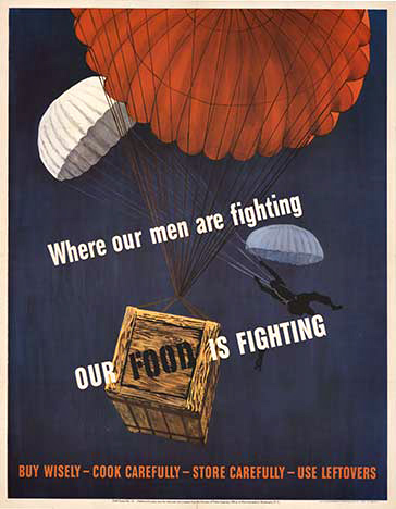 parachuttes, box of food, sky diver, original WWII poster, linen backed,