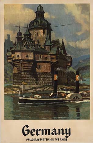 castle in the middle of the Rhein River, German poster, original poster, steamboat, linen backed, original poster