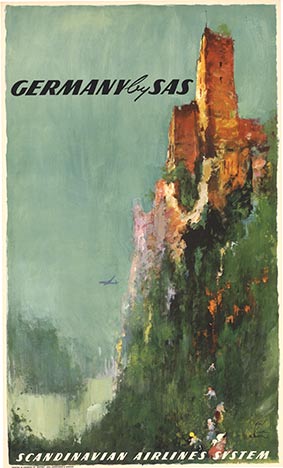 Original poster: Germany by SAS (Scandinavian Airline System). Artist: Otto Nielsen. Size: 24" x 39" Archival linen backed original vintage travel poster; excellent condition; and ready to frame. <br> <br>Beautiful drawing of a castle with droopi