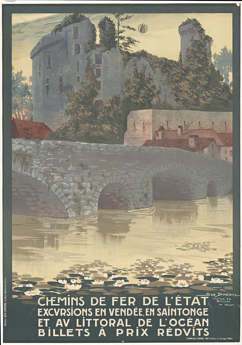 old castle and bridge over a waterway, linen backed, stone lithograph