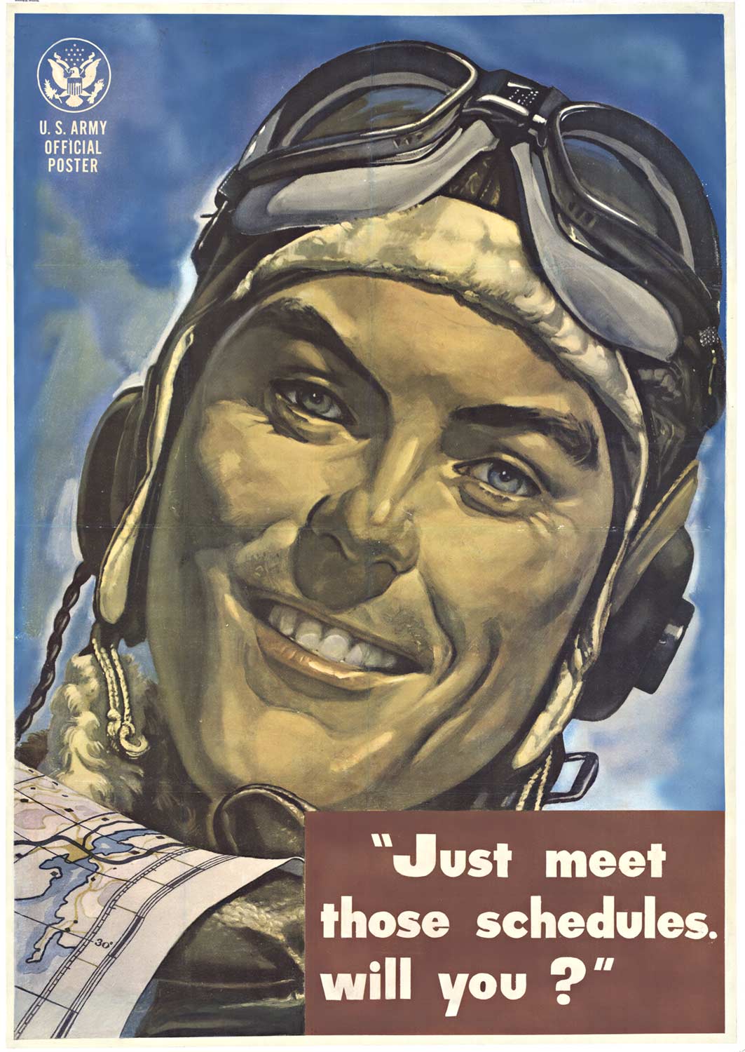 This exclusive vintage World War II poster is a rare and beautiful piece of history. This original and authentic poster is truly a sight to behold, showcasing an iconic image of an Army Air Force pilot donning his classic aviator goggles. Printed on a pre