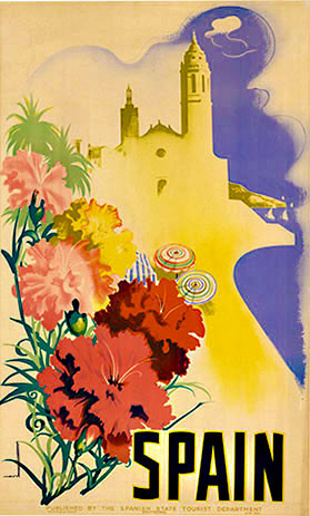 travel poster to the beaches of Spain. Carnation flowers, beach umbrella, church, light hose. Sieges