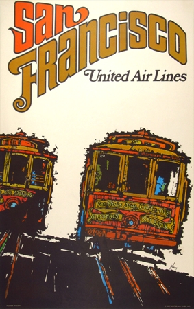 Original travel poster for the city of San Francisco, United Air Lines United Air Lines cable cars <br>Linen backed. <br>Excellent condition. <br> <br> <br>Featuring the famous cable cars of San Francisco; this bright and vibrant. Van Ness Ave & Mark