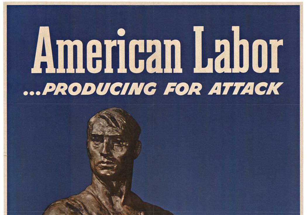 AMERICAN LABOR - PRODUCING ORIGINAL VINTAGE WWII POSTER. Year: 1943. Size: 19.5" x 22.25. Professional archival linen backed; ready to frame. <br> <br>Original. Lithograph. Produced by the US Government Printing Office, O-541688. Through War Prod