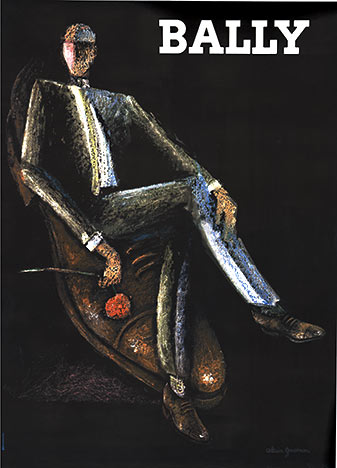 Man sitting in a Bally shoe, black back ground, linen backed French poster, B+ condition. 2 marks on left side.
