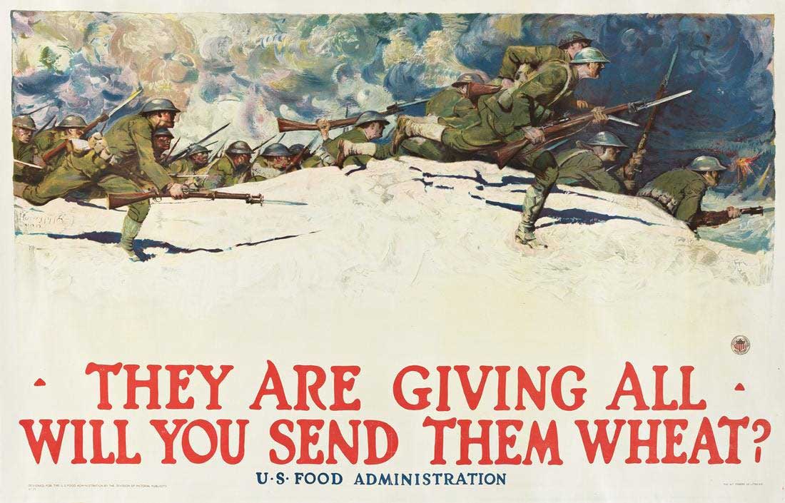 horizontal WW1 poster, linen backed, with men fighting on the battlefield.