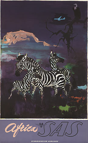 Original SAS Africa - Zebras created by artist Otto Nielsen. An alternative version was created with the lower banner in a different color. <br> <br>Original. Mounted on acid free archival linen. <br>SAS Scandinavian Airlines Africa poster. Three zebras