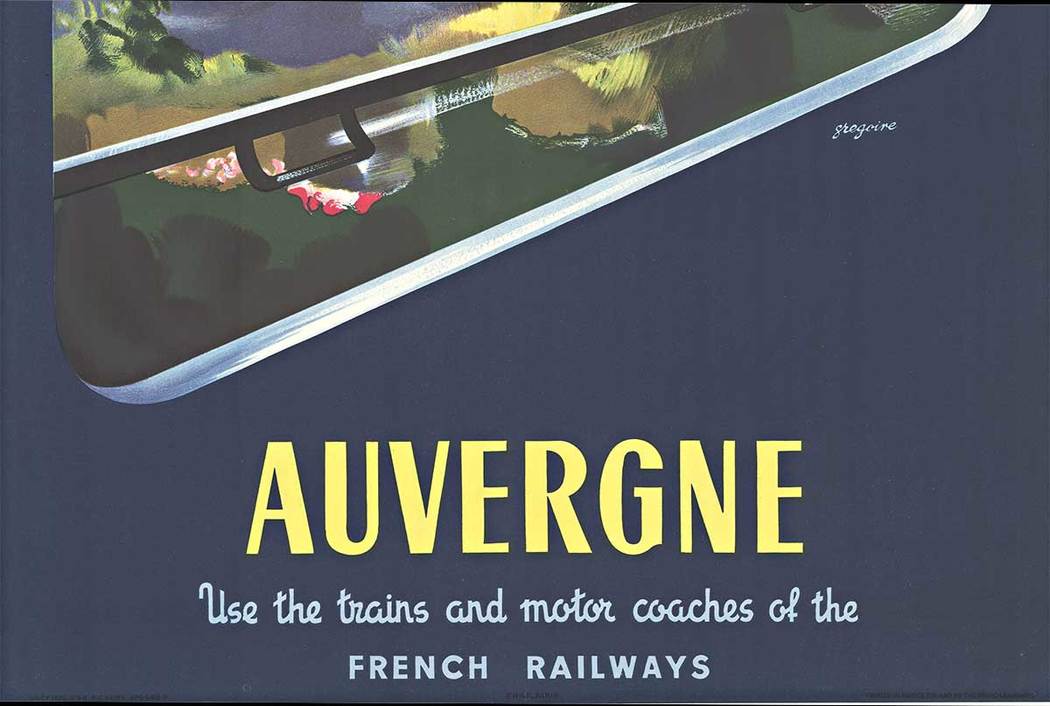 looking out of a train car window into the country side of Auvergene, French poster, linen backed, fine condition.