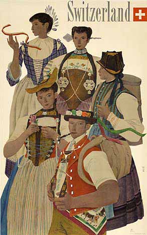 4 women and 1 man in Swiss clothing, linen backed, original poster, original poster,