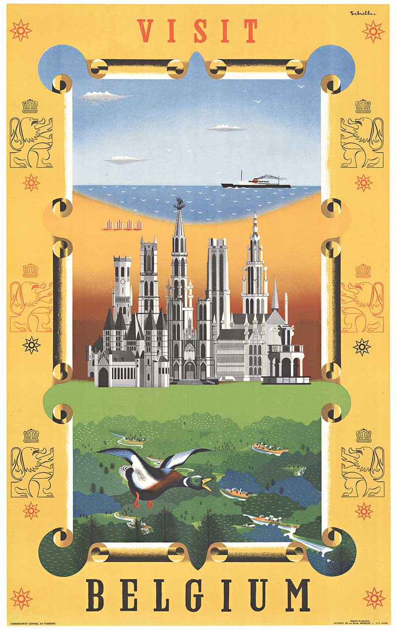 Belgium travel poster, old city center in background, ducks, water or lakes,