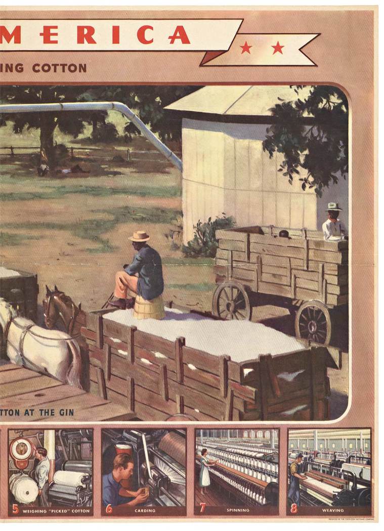 linen backed, Coca Cola educational poster, Our America,cotton gin, horse, negros, cotton production, poster