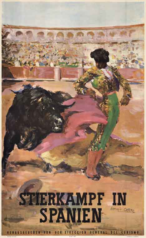 Original. THE FIESTAS DE TOROS IN SPAIN. Archivlal munted on acid free archival linen. <br> <br>In English: THE FIESTAS DE TOROS IN SPAIN <br> <br>Incredible poster for an original bull fighting Stierkampf in Spain, (Bullfight in Spain), created by the