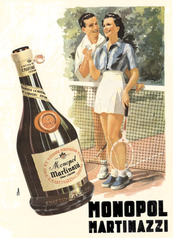 Italian poster, small format, tennis players, bottle of liquor, linen backed