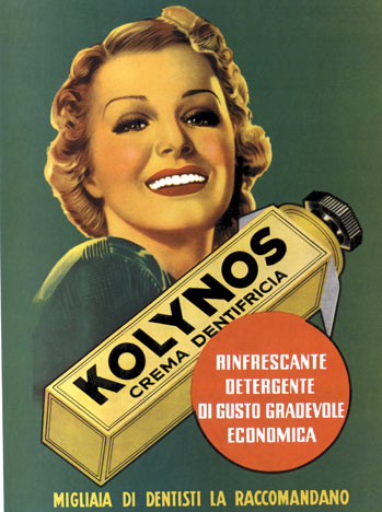 woman, tube of toothpaste, linen backed, Italian poster, bathroom art