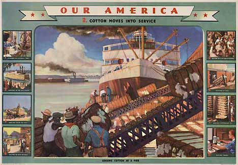 cargo ship, horizontal, loading cotton at a pier, original cocal cola poster, WWII,